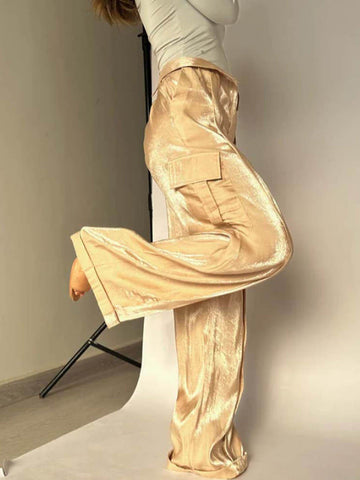Sonicelife-Golden Years Glitter Fabric Drawstring Waist Pocketed Wide Leg Pants