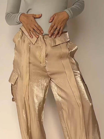Sonicelife-Golden Years Glitter Fabric Drawstring Waist Pocketed Wide Leg Pants