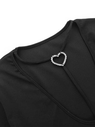 Sonicelife-Solid Plunge Heart Buckle Decor Long Sleeve Bodysuit
