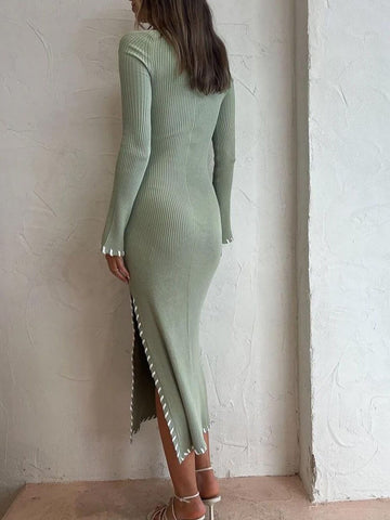 Sonicelife-High Waist Solid Color Bodycon Slit Midi Dress