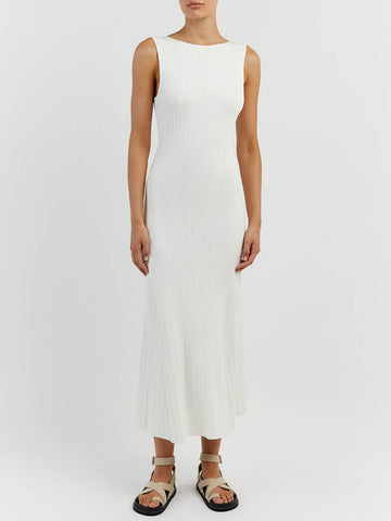 Sonicelife-Off-White Sleeveless Midi Dress