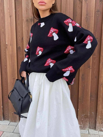 Sonicelife-Mushroom Pattern Contrast Pullover Sweater