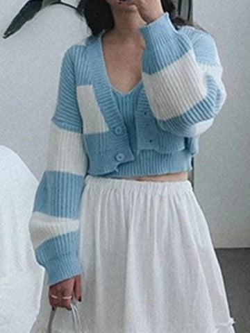Sonicelife-Stripe Splice Short Knit Cardigan