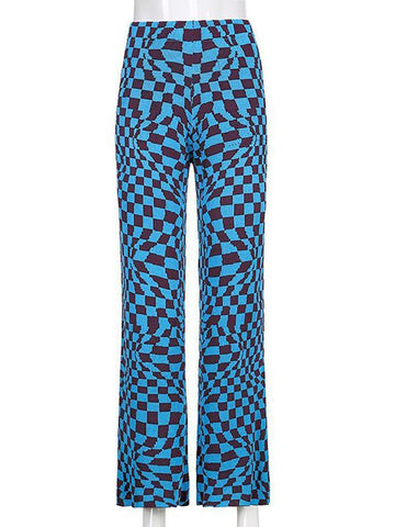 Sonicelife-Psychedelic Checkerboard Print Wide-Leg Pants