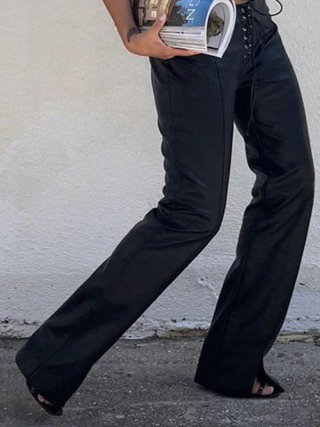 Sonicelife-Tie Front Split Pu Leather Pants