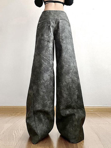 Sonicelife-Low Waist Tie Dye Panel Faux Leather Wide Leg Pants