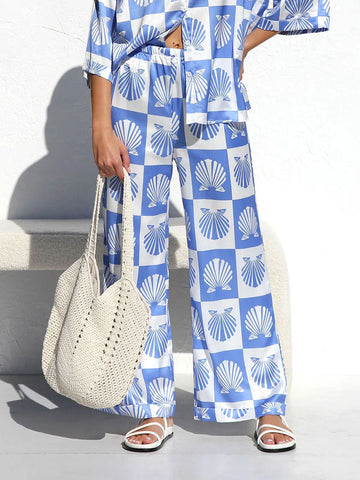 Sonicelife-Special Satin Shell Print Wide Leg Pants