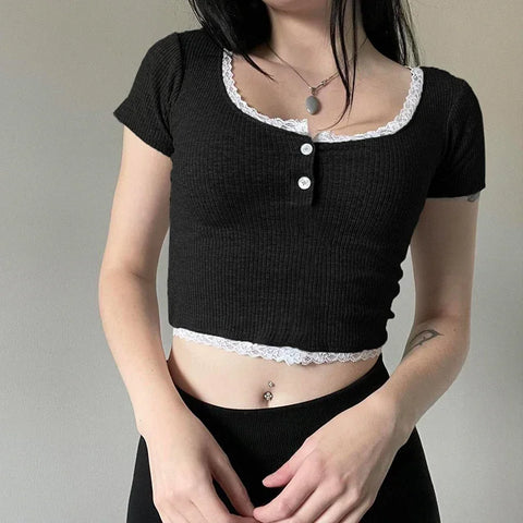 Sonicelife-Black Casual Lace Patchwork Slim Tshirts Grey Chic Square Collar Button Crop Tops Vintage Aesthetic Short Sleeves Pullovers