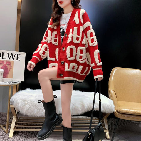Sonicelife Letter Embroidery Sweater Women Cardigans High Street Contrast Flocking Oversized Sweater Loose Knitted Cardigan Women Sweaters