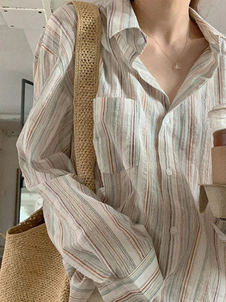 Sonicelife Fashion Vertical Striped Shirts Women 2024 Spring Summer Elegant Casual Layered Shirt For Female Soft Long-sleeved Loose Tops Y2