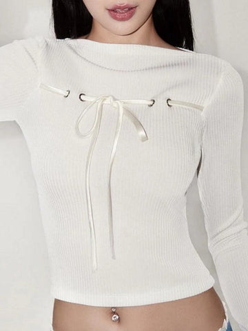 Sonicelife-Ribbed Bow Lace Up Flare Long Sleeve Knit