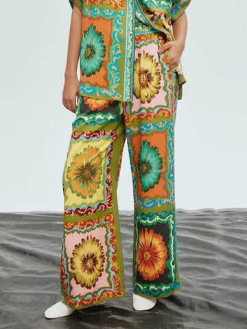 Sonicelife-Unique Sunflower Print Wide Leg Pants