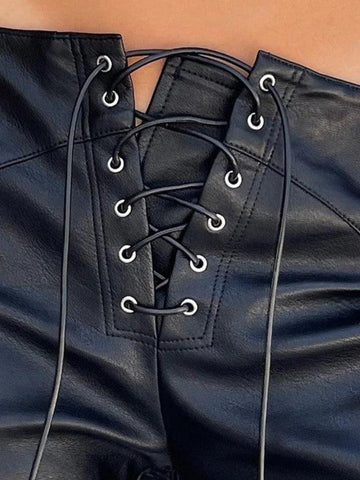 Sonicelife-Tie Front Split Pu Leather Pants