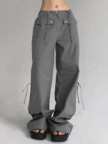 Sonicelife-Low Waist Plain Drawstring Loose-Fit Wide-Leg Cargo Pants