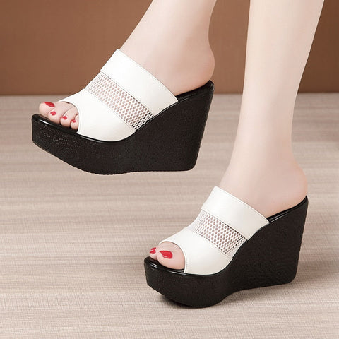 Sonicelife Plus Size 32-43 High Heels Slippers Women Wedding Shoes Summer 2024 Cutout Platform Wedges Slides Ladies Slippers for Office