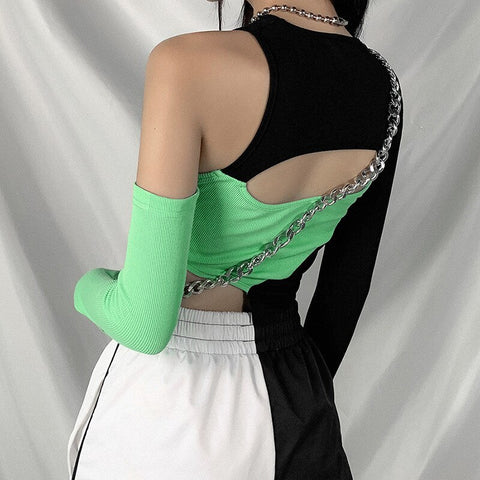 Sonicelife E-girl Punk Style Open Shoulder Hollow Out Patchwork T-shirts Y2K Fashion O-neck Long Sleeve Crop Green Tops Partywear