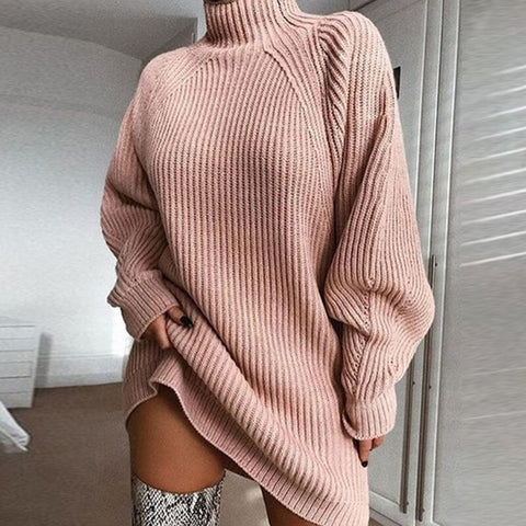 Sonicelife 2023 Autumn Winter Knitted Turtleneck Sweater Dress Ladies Casual Loose Solid Long Sweaters Dresses Thick Pullovers for Women