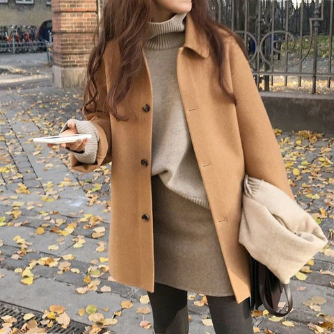 New Autumn Women Faux Wool Coat Long Sleeve Single Breasted Fashion Turn Down Colllar Female Blends Causal Loose Winter Outwear