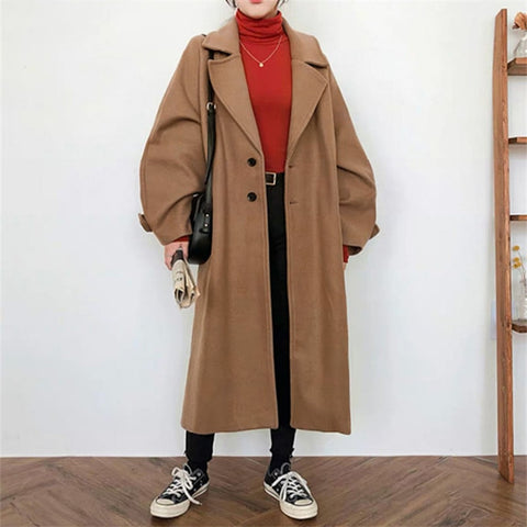 2023 Autumn Winter New Woolen Coat Women Korean Plus Size Black Wild Wool Jacket Female Fashion Long Loose Ladies Overcoat S2284