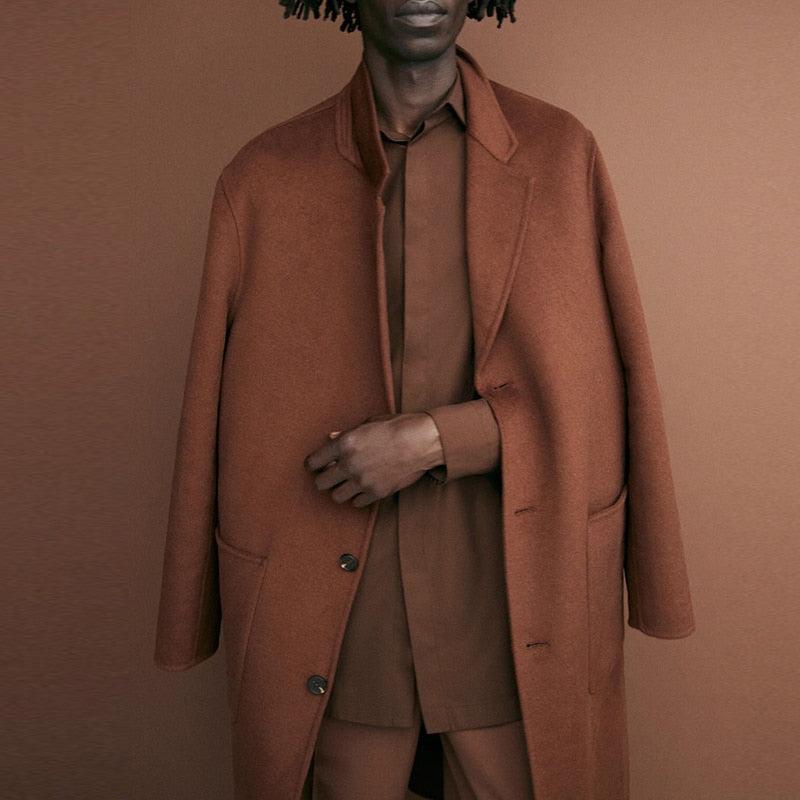2023 Autumn Winter Men Fashion Vintage Double-sided Wool Coat Casual Pockets Solid Long Warm Woolen Outwear Man