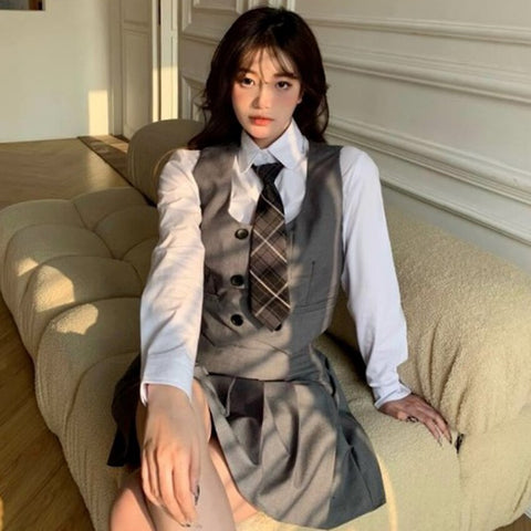 Sonicelife-College Style Japanese Fashion Jk Suit School Uniform Girl Outfit Casual Vest Jacket Tie Pleated Skirt Shirt Slim Women 4Pcs