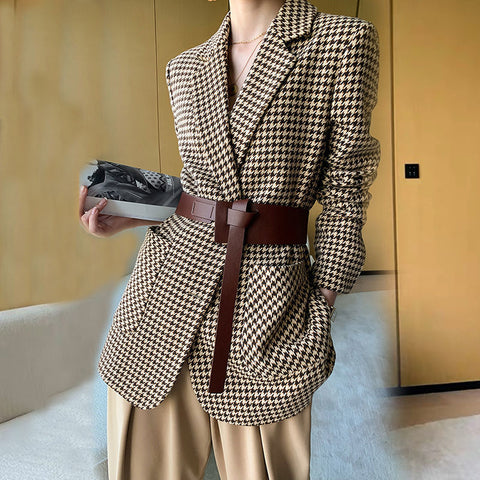 Sonicelife Women Jacket Long Sleeve Plaid Blazer with Belt Autumn Coat Office Lady Elegant V-Neck Over Size Blazers for Women with Pockets