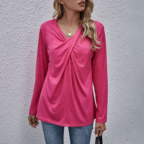 2023 Autumn Spring Tops Women Casual Long Sleeve Cross Neck T-Shirts Fashion Female Stitching Tees Loose Pullover Solid Tops
