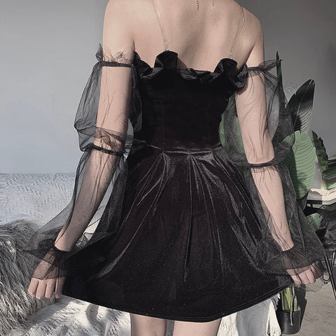 Sonicelife 2023  Dress Vintage Off Shoulder Lantern Sleeve Mesh Patchwork Velvet Mini Dress Dark Street Black Dress for Female