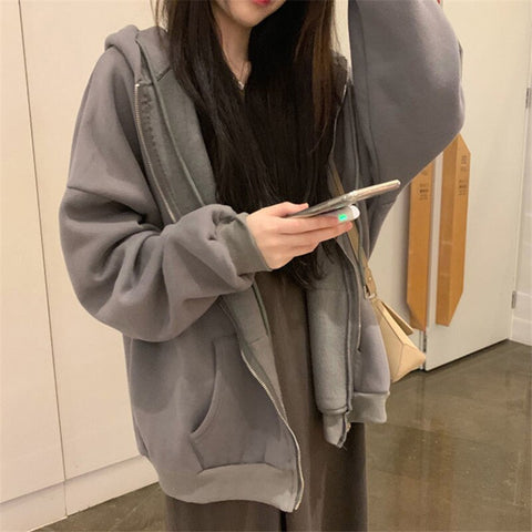 Korean Style Women Hoodies Harajuku Jacket Women 2023 Oversize Warm Long Sleeve Zipper Top for Girl Loose Casual Female Pullover