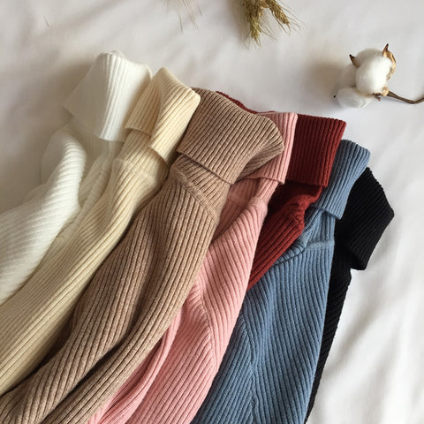 2023 Autumn Winter Thick Sweater Women Knitted Ribbed Pullover Sweater Long Sleeve Turtleneck Slim Jumper Soft Warm Pull Femme