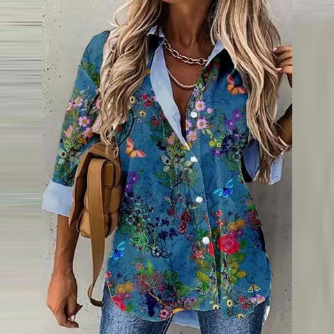Sonicelife  Retro Patchwork Abstract Beauty Print Blouse  Off Shoulder Lace Hollow Out Shirt Women Fashion Lapel Button 3/4 Sleeve Blusa