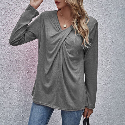 2023 Autumn Spring Tops Women Casual Long Sleeve Cross Neck T-Shirts Fashion Female Stitching Tees Loose Pullover Solid Tops