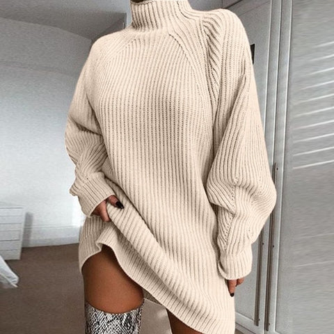 Sonicelife 2023 Autumn Winter Knitted Turtleneck Sweater Dress Ladies Casual Loose Solid Long Sweaters Dresses Thick Pullovers for Women