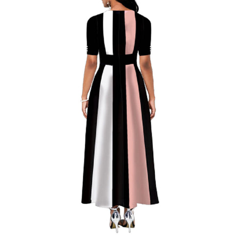 Sonicelife Ladies Fashion Half Sleeve Dress Women Elegant Round Collar Geometric Printing Splicing Temperament Maxi Dress For Ball Party