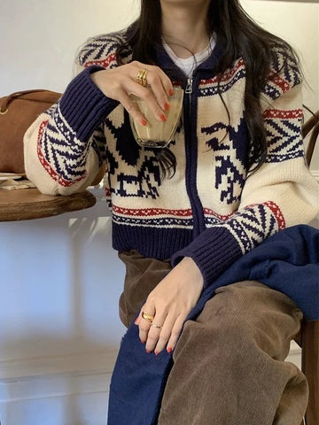 Sonicelife Women's New Knit Vintage Cardigan Sweater Print Long Sleeve Crop Knitwear Tops Coat Korean Autumn Winter Women's Clothes 2023
