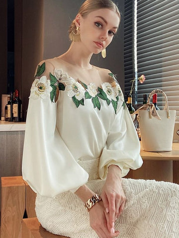 Sonicelife Women's Satin Shirt 2024 Spring Summer New Chic and Elegant Tops Transparent Mesh Embroidered Flower Blouses Off White Clothing