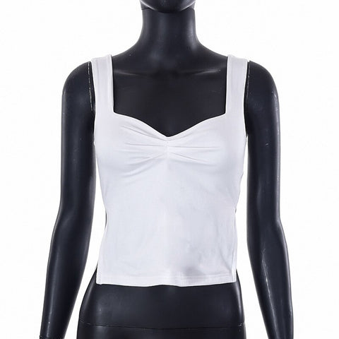 Split Backless V-neck White Crop Top Women 2024 Summer Party Club Sleeveless Spaghetti Strap Slim T-shirt Ladies