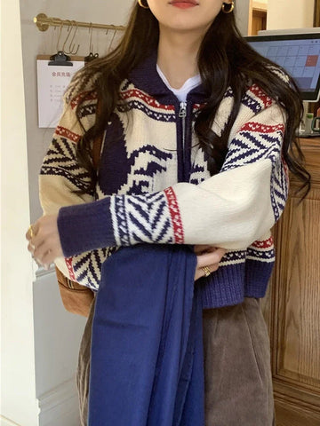 Sonicelife Women's New Knit Vintage Cardigan Sweater Print Long Sleeve Crop Knitwear Tops Coat Korean Autumn Winter Women's Clothes 2023