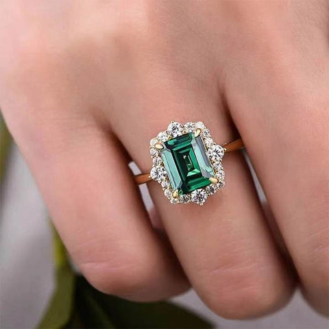 Geometric Square Green Cubic Zirconia Rings for Women Gold Color Luxury Trendy Engagement Wedding Party Accessory Jewelry