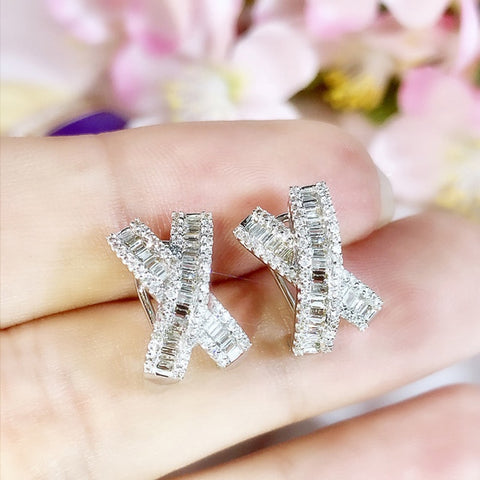 Fancy X Shaped Stud Earrings with Dazzling White Cubic Zirconia Luxury Earrings for Women Wedding Party Statement Jewelry
