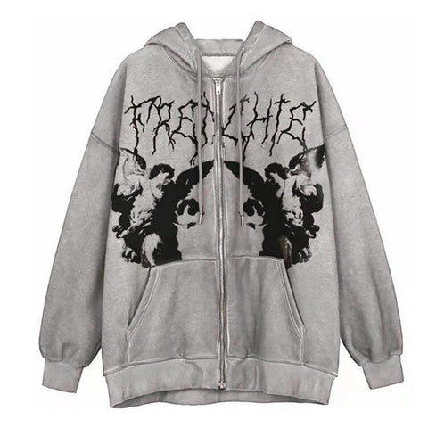Sonicelife Women Hip Hop Streetwear Hooded Jacket Angel Dark Print Jacket Coat Harajuku Cotton Autumn Punk Winter Jacket Outwear Zipp