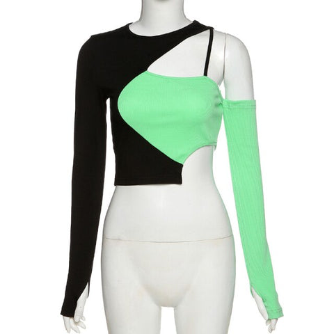 Sonicelife E-girl Punk Style Open Shoulder Hollow Out Patchwork T-shirts Y2K Fashion O-neck Long Sleeve Crop Green Tops Partywear