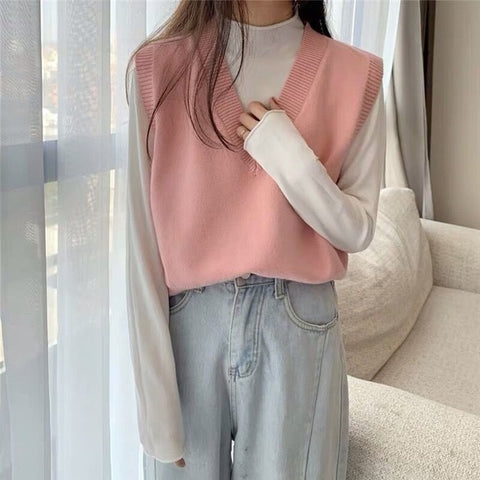 Sweater Vest Women Solid Autumn Winter All-match Leisure Outerwear Knitted V-Neck Sleeveless Female Elegant Chic Simple Harajuku