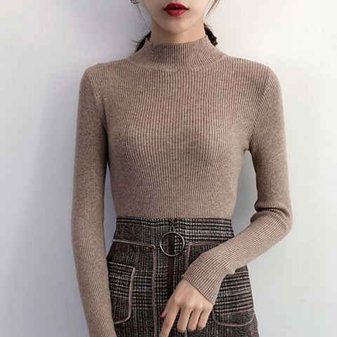 Sonicelife Mock Neck Women Sweater Vintage Basic Solid Knitted Tops Casual Slim Pullover Autumn Winter Korean Tops Simple Chic Jumpers