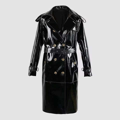 christmas outfit Sonicelife Spring Long Shiny Reflective Black Patent Pu Leather Trench Coat for Women Belt Double Breasted Y2K European Clothes