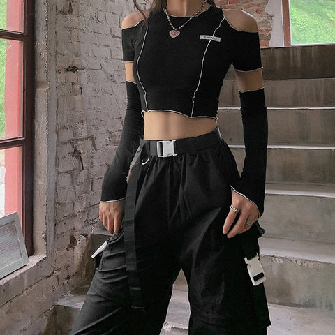 Sonicelife-Y2K Black Cold Shoulder Long Sleeve  Ruffle Hem Crop Top Blouse