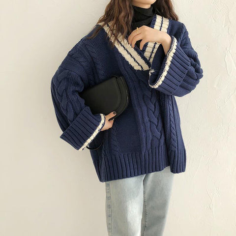 Sonicelife Oversize Sweet Women Sweaters Long Sleeve V Neck Vintage Lazy Wind Knitted Pullovers Korean Patchwork Casual Loose Jumper