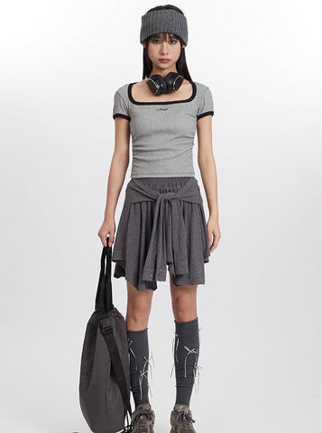 Sonicelife-Contrasting Color Square Collar Short-Sleeved Short T-Shirt