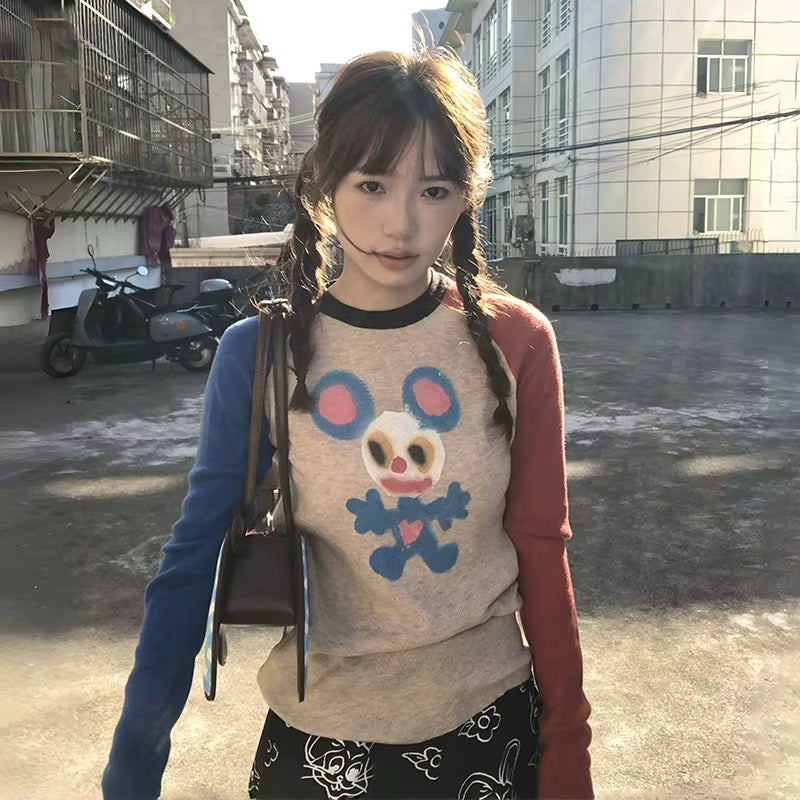 Sonicelife 2025 New Japanese Y2k Knitted Tops Vintage Harajuku Graffiti Print Long Sleeve T-shirt 2000s Aesthetics Ribbed Patchwork Tops