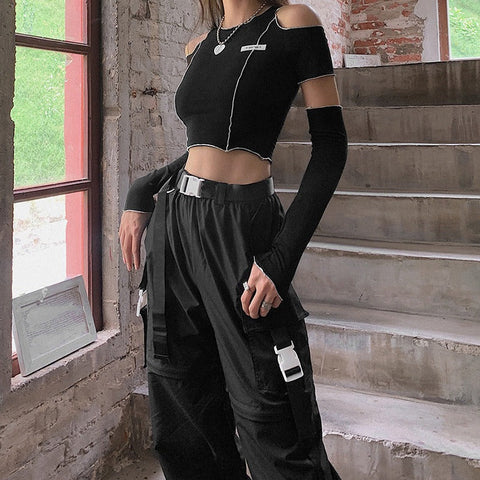 Sonicelife-Y2K Black Cold Shoulder Long Sleeve  Ruffle Hem Crop Top Blouse